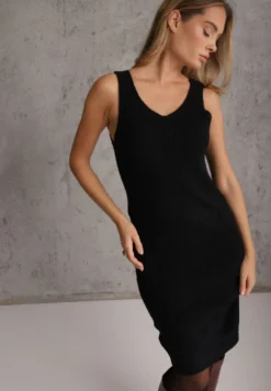 Czarny Prążkowany Komplet z Dzianiny z Wełną i Bawełną Golf i Sukienka Bodycon Mirrela