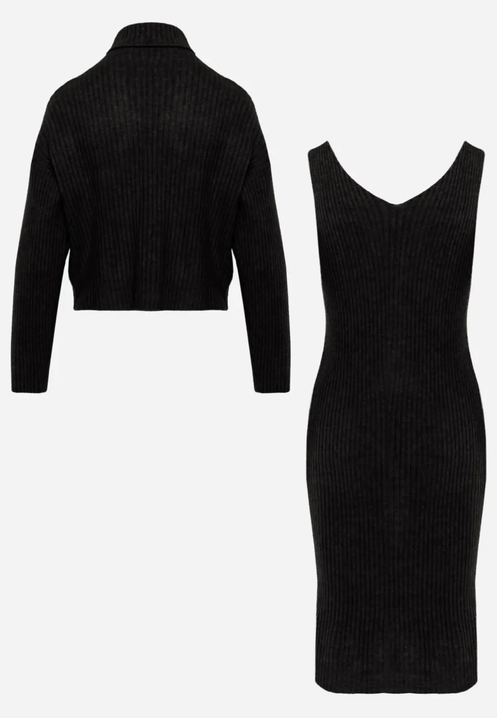 Czarny Prążkowany Komplet z Dzianiny z Wełną i Bawełną Golf i Sukienka Bodycon Mirrela