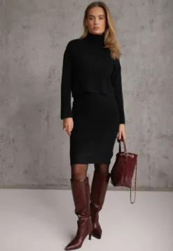 Czarny Prążkowany Komplet z Dzianiny z Wełną i Bawełną Golf i Sukienka Bodycon Mirrela