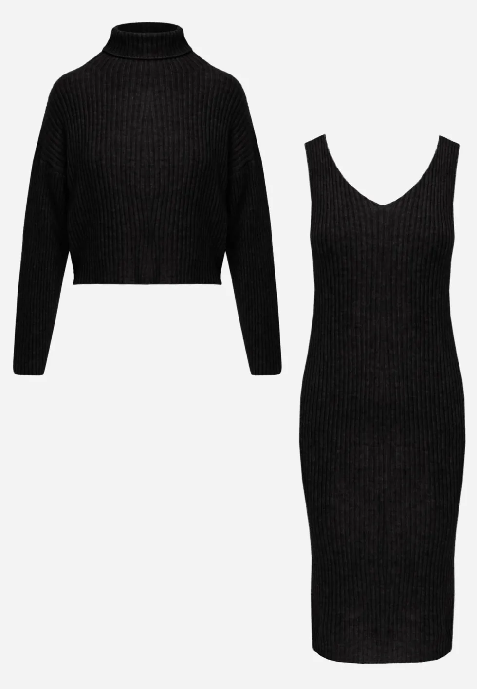 Czarny Prążkowany Komplet z Dzianiny z Wełną i Bawełną Golf i Sukienka Bodycon Mirrela