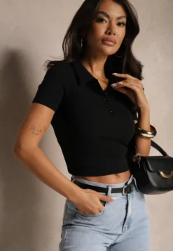 Czarny Prążkowany T-shirt Polo z Bawełny Ozdobiony Guzikami Lilvivia