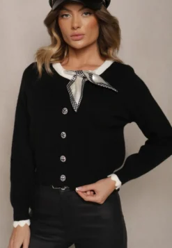 Czarny Retro Kardigan z Wiskozą Ozdobiony Wiązaną Apaszką i Eleganckimi Guzikami Evelimi