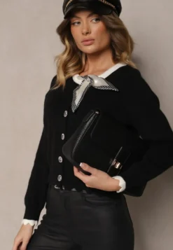 Czarny Retro Kardigan z Wiskozą Ozdobiony Wiązaną Apaszką i Eleganckimi Guzikami Evelimi