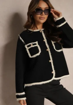 Czarny Rozpinany Kardigan w Eleganckim Stylu z Nitami i Lamówką Irinalea