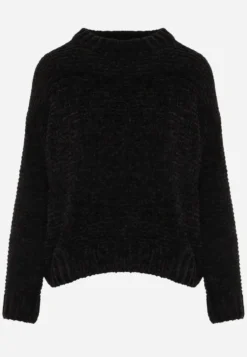 Czarny Sweter Basic Oversize z Szenilowej Dzianiny z Wełną Mirietha