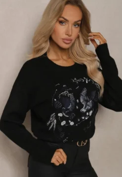 Czarny Sweter Ozdobiony Haftowanym Wzorem w Ptaki Inarielle