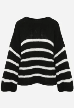 Czarny Sweter z Dzianiny w Paski z Obszernymi Rękawami Gotara
