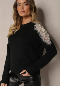 Czarny Sweter z Przezroczystymi Wstawkami z Cyrkoniami Perełkami i Cekinami z Wełną Tiarinae