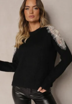 Czarny Sweter z Przezroczystymi Wstawkami z Cyrkoniami Perełkami i Cekinami z Wełną Tiarinae