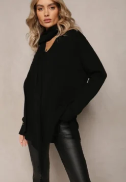 Czarny Sweter z Szalikiem z Chwostami w Komplecie Rumabena