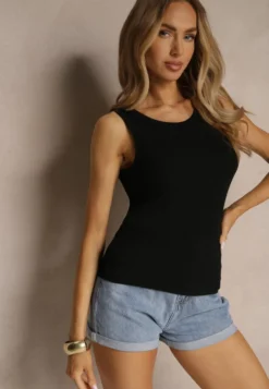 Czarny Tank Top Prążkowany z Bawełny Efrisina