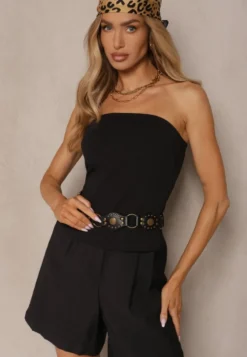 Czarny Top Bandeau z Wiskozą z Ozdobnymi Rozcięciami Saliera