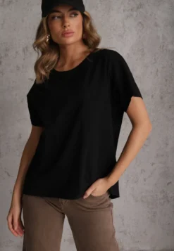 Czarny T-shirt Basic Oversize z Bawełny Elusis