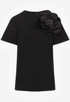 Czarny T-shirt Bluzka z Bawełny z Krótkim Rękawem i Aplikacją Kwiatu Dimasa