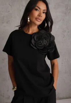 Czarny T-shirt Bluzka z Bawełny z Krótkim Rękawem i Aplikacją Kwiatu Dimasa