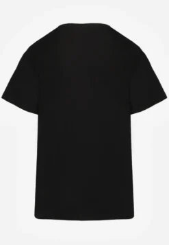 Czarny T-shirt Bluzka z Bawełny z Krótkim Rękawem i Aplikacją Kwiatu Dimasa
