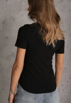 Czarny T-shirt w Prążki z Marszczeniami po Bokach Nedala