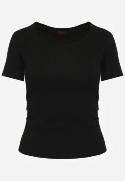 Czarny T-shirt w Prążki z Marszczeniami po Bokach Nedala