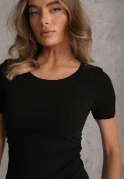 Czarny T-shirt w Prążki z Marszczeniami po Bokach Nedala