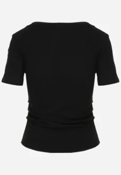 Czarny T-shirt w Prążki z Marszczeniami po Bokach Nedala