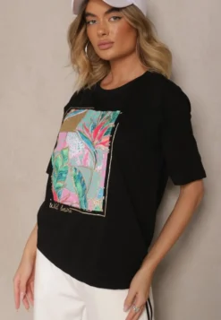 Czarny T-shirt z Bawełny Ozdobiony Brokatem Isadelle
