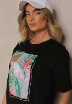 Czarny T-shirt z Bawełny Ozdobiony Brokatem Isadelle