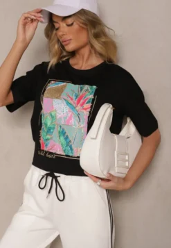 Czarny T-shirt z Bawełny Ozdobiony Brokatem Isadelle