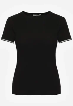 Czarny T-shirt z Bawełny Ozdobiony Cyrkoniami Kallochis