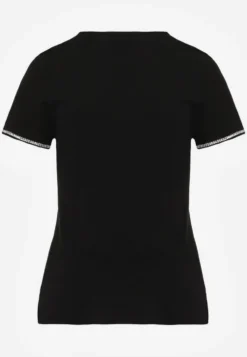 Czarny T-shirt z Bawełny Ozdobiony Cyrkoniami Kallochis