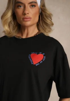 Czarny T-shirt z Bawełny Ozdobiony Sercem Ranira