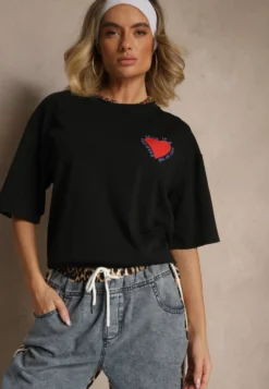 Czarny T-shirt z Bawełny Ozdobiony Sercem Ranira
