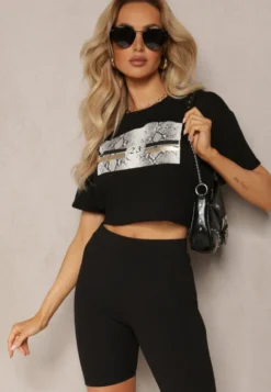 Czarny T-shirt z Bawełny Ozdobiony Nadrukiem na Przodzie Katrielle