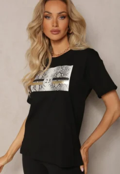 Czarny T-shirt z Bawełny Ozdobiony Nadrukiem na Przodzie Katrielle