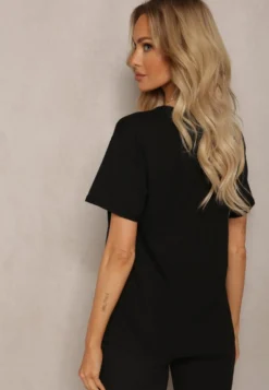 Czarny T-shirt z Bawełny Ozdobiony Nadrukiem na Przodzie Katrielle