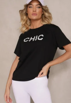 Czarny T-shirt z Bawełny Ozdobiony Perełkami i Napisem Naloreth