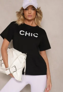 Czarny T-shirt z Bawełny Ozdobiony Perełkami i Napisem Naloreth