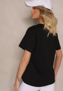 Czarny T-shirt z Bawełny Ozdobiony Perełkami i Napisem Naloreth