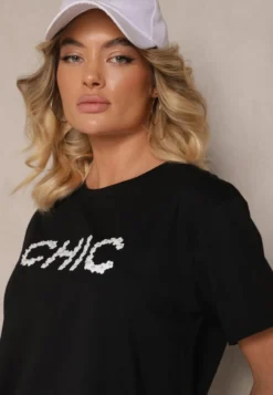 Czarny T-shirt z Bawełny Ozdobiony Perełkami i Napisem Naloreth