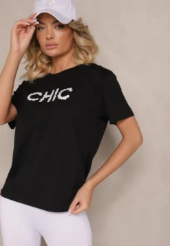 Czarny T-shirt z Bawełny Ozdobiony Perełkami i Napisem Naloreth