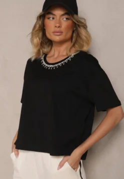 Czarny T-shirt z Bawełny z Cyrkoniami Fadeola