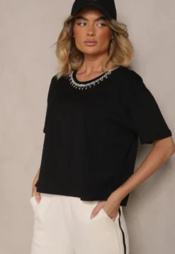Czarny T-shirt z Bawełny z Cyrkoniami Fadeola