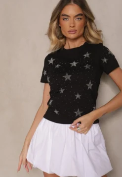 Czarny T-shirt z Bawełny Zdobiony Gwiazdkami z Cyrkonii Tenenisa