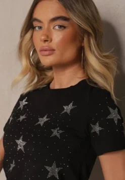 Czarny T-shirt z Bawełny Zdobiony Gwiazdkami z Cyrkonii Tenenisa