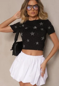 Czarny T-shirt z Bawełny Zdobiony Gwiazdkami z Cyrkonii Tenenisa