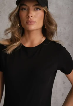Czarny T-shirt z Bawełny z Okrągłym Dekoltem Nedima