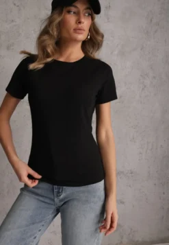 Czarny T-shirt z Bawełny z Okrągłym Dekoltem Nedima