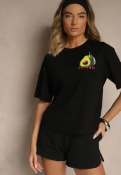 Czarny T-shirt z Bawełną ze Wzorem Awokado Tilannia