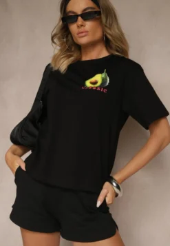 Czarny T-shirt z Bawełną ze Wzorem Awokado Tilannia