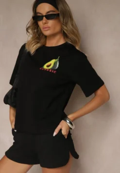 Czarny T-shirt z Bawełną ze Wzorem Awokado Tilannia