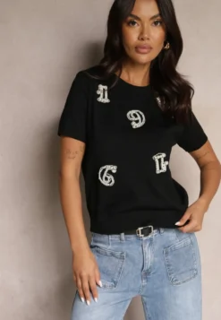 Czarny T-shirt z Cyrkoniami Perełkami i Naszywkami Silvivia